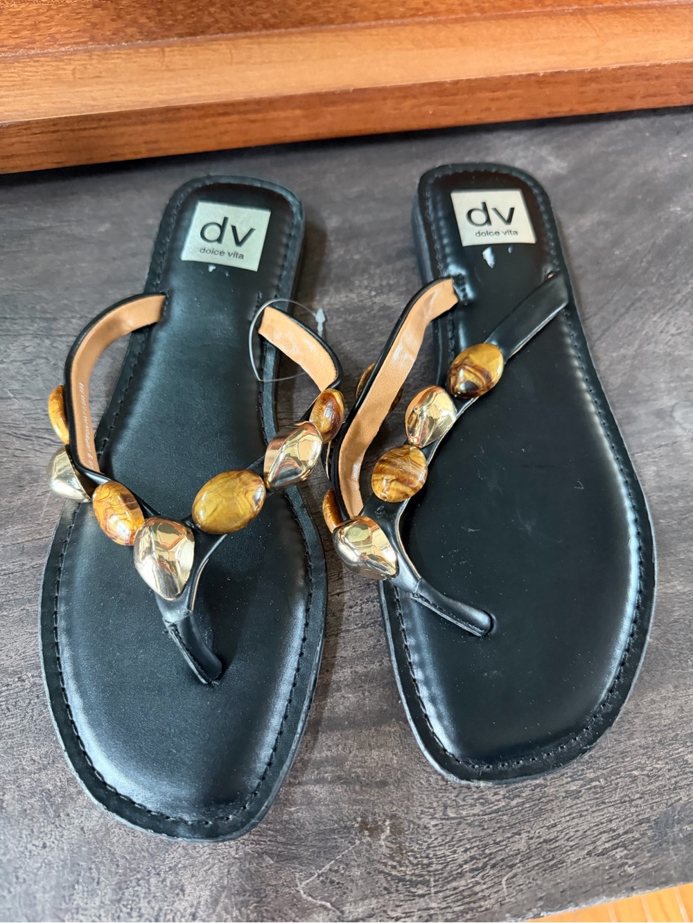 Dolce Vita Black Thong Sandals with Gold and Brown Bead Accents